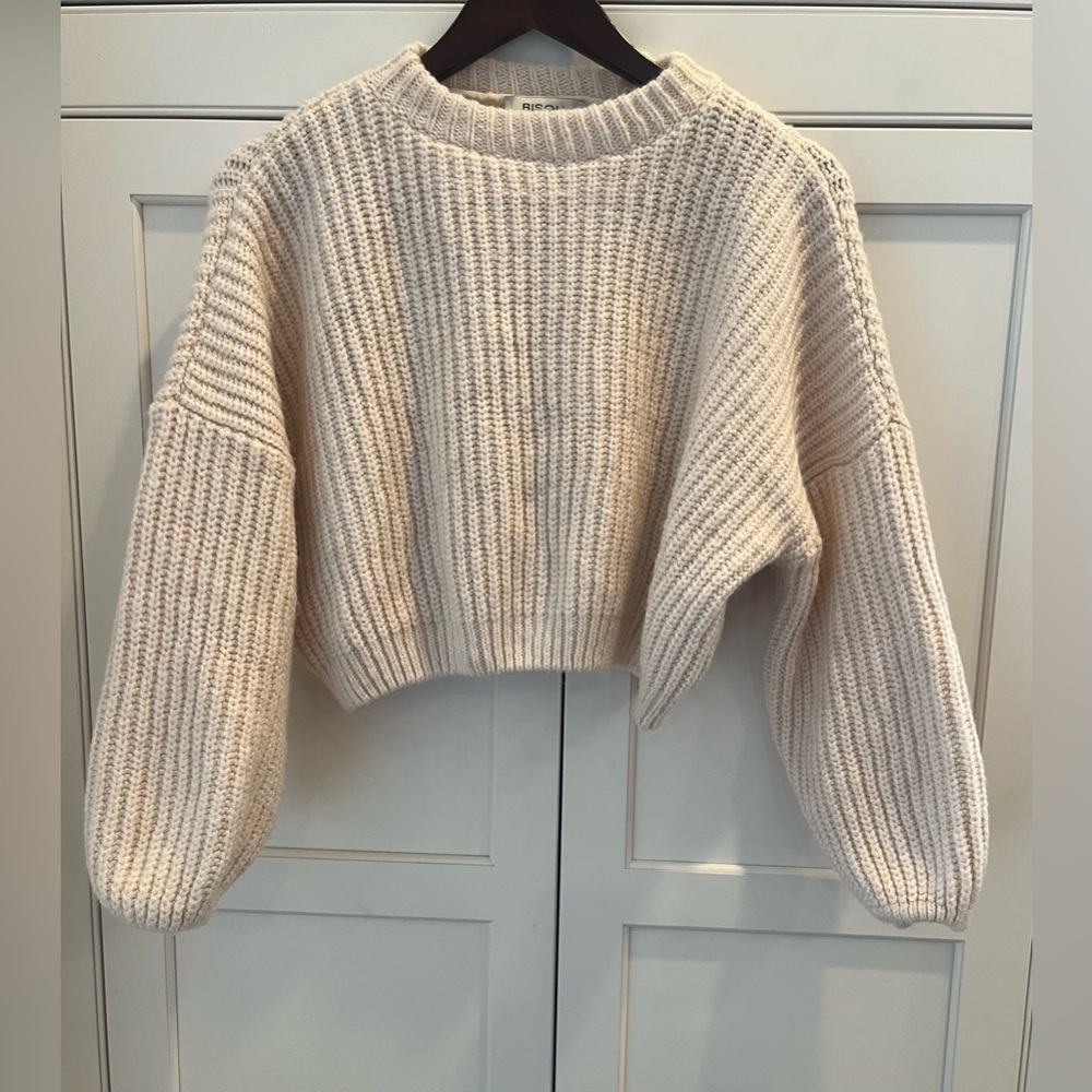 Bisou ribbed knit women’s crop bell sleeve sweater size S ivory